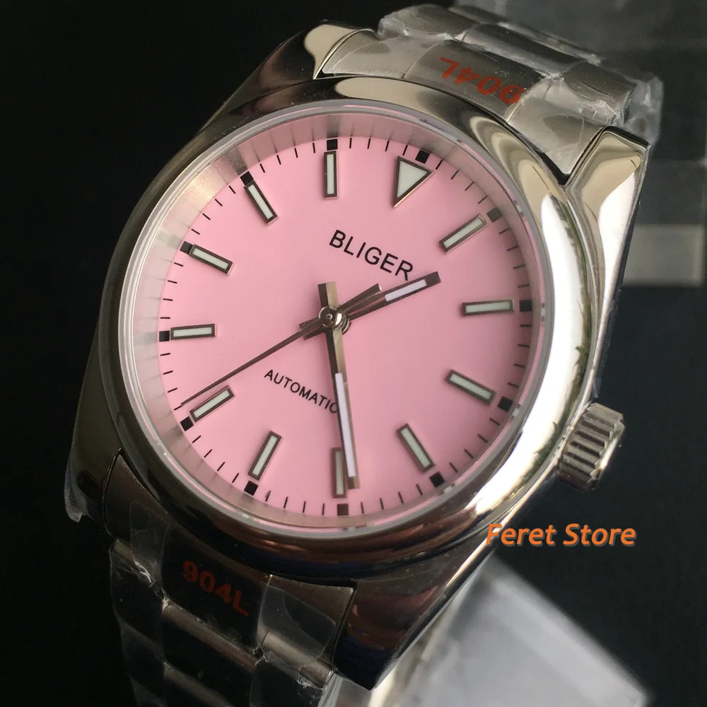 

Bliger 36mm/39mm Pink Sterile Women's Watch Sapphire Glass Silver Case NH35 Miyota 8215 PT5000 Movement Automatic Neutral Watch