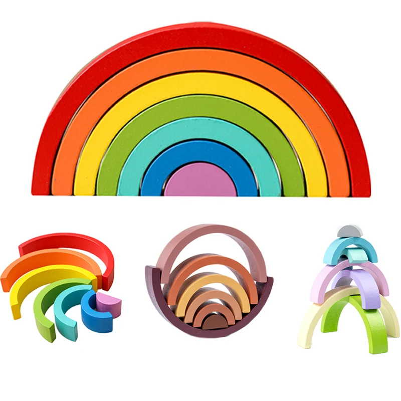 1set Wooden Toys Rainbow Building Blocks Wood Stacking Game Geometry Building Blocks Creative Montessori Educational Toys Gift