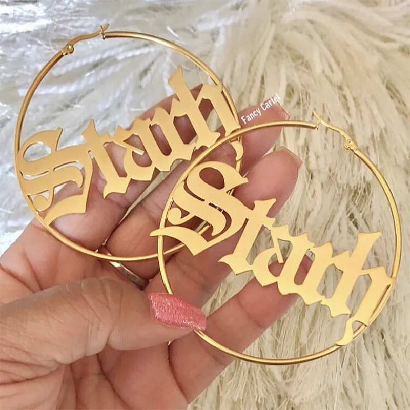 Custom Name Earrings for Women Personalised Stainless Steel 70MM Diameter Boho Name Hoop Earrings Customized Jewelry Gifts 2023