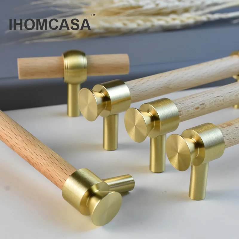 IHOMCASA Natural Wood+Golden Brass T-Bar Furniture Door Handles Wooden Handle Wardrobe Drawer Knobs Kitchen Shoe Cabinet Pulls