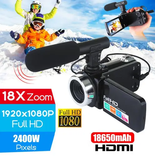 Imagen 1 del producto Videocámara profesional 4K HD con micrófono, cámara de visión nocturna con pantalla táctil LCD de 3,0 pulgadas, Zoom Digital 18x
