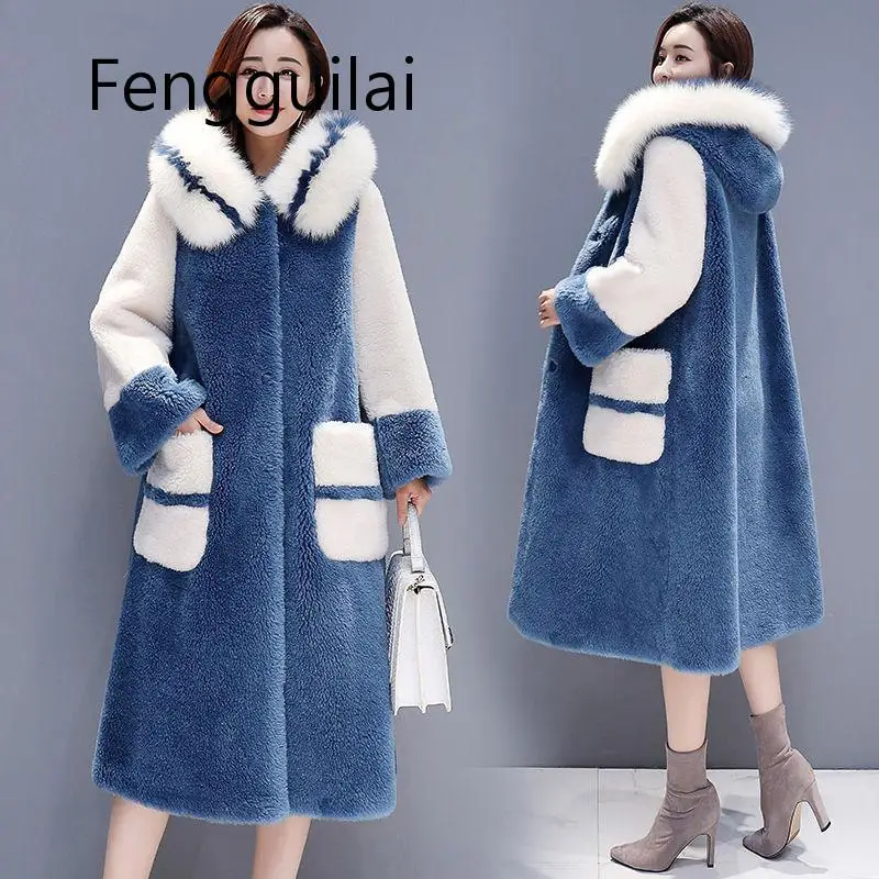 FENGGUILAI High Quality Long Warm Latest Winter Female Sheepskin Coats Pure Color Fox Collars Faux Furs Big Yards Cashmere Coat