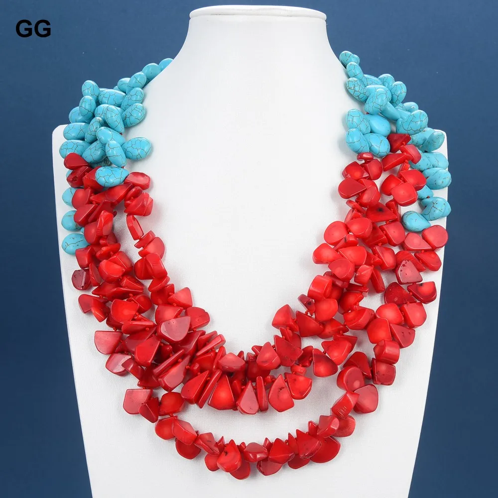 

19" 3 Rows Red Coral Blue Teardrop Turquoises Stone Necklace For Women