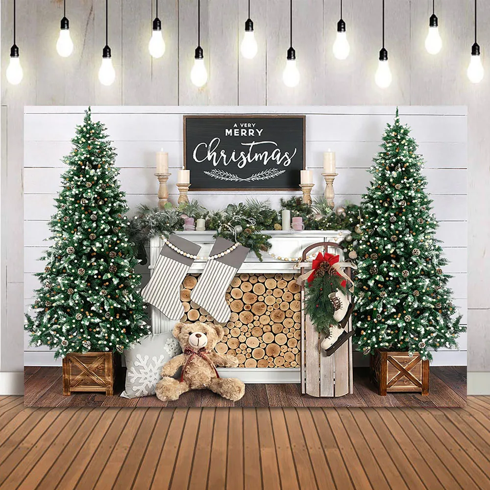 Merry Christmas Fireplace Backdrop for Photography Bear and Skates Children Baby Portrait Photo Booth Background Studio Props