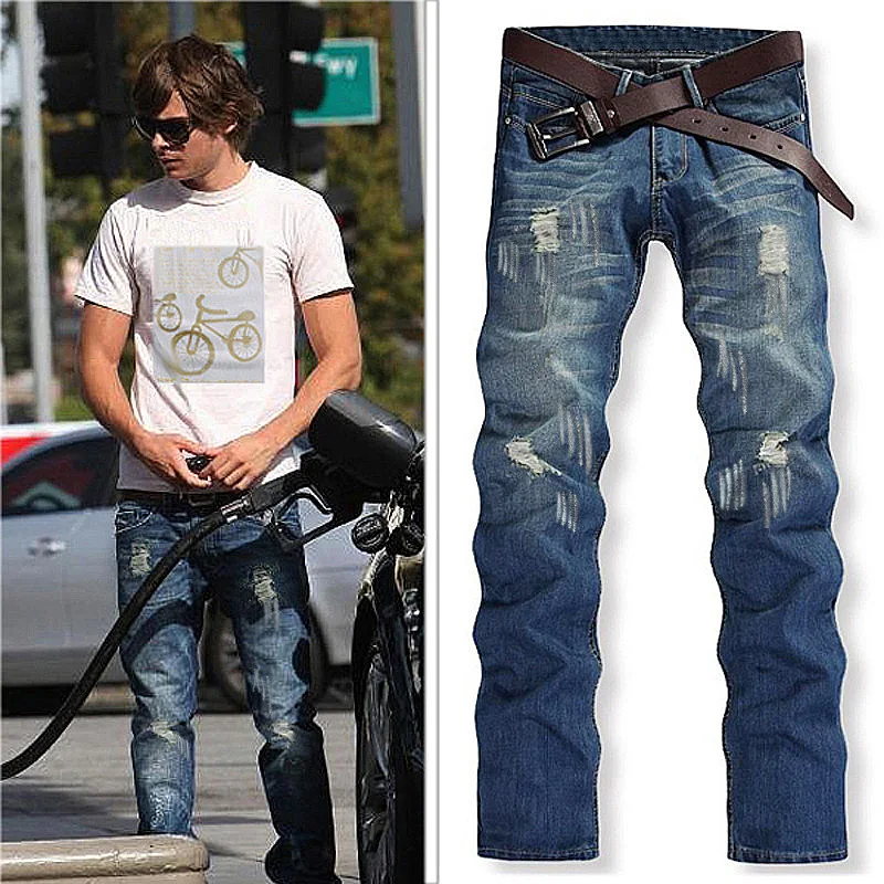 

High Quality Brand Men's Jeans Hole Casual Biker Fashion Light Blue Denim Pants Designer Korean Nostalgia Slim Skinny Trousers