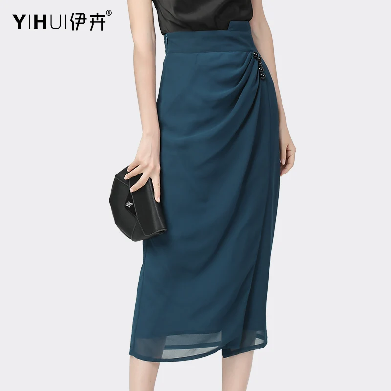 Fashion High Waist Slit Skirt Women Summer New Solid Color Mid-Length Straight Chiffon Skirts Elegant Slim Office Ladies Skrits