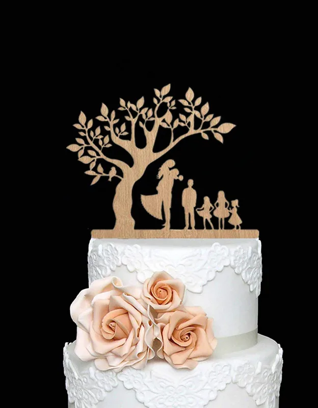 new family style bride and groom wedding cake  topper with kids children silhouette pet for cake decorating birthday