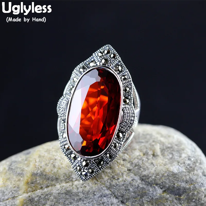 

Uglyless Exaggerated Big Size Rhombus Rings for Women Faceted Garnet Red Gemstones Open Rings Real 925 Silver Fine Jewelry R991