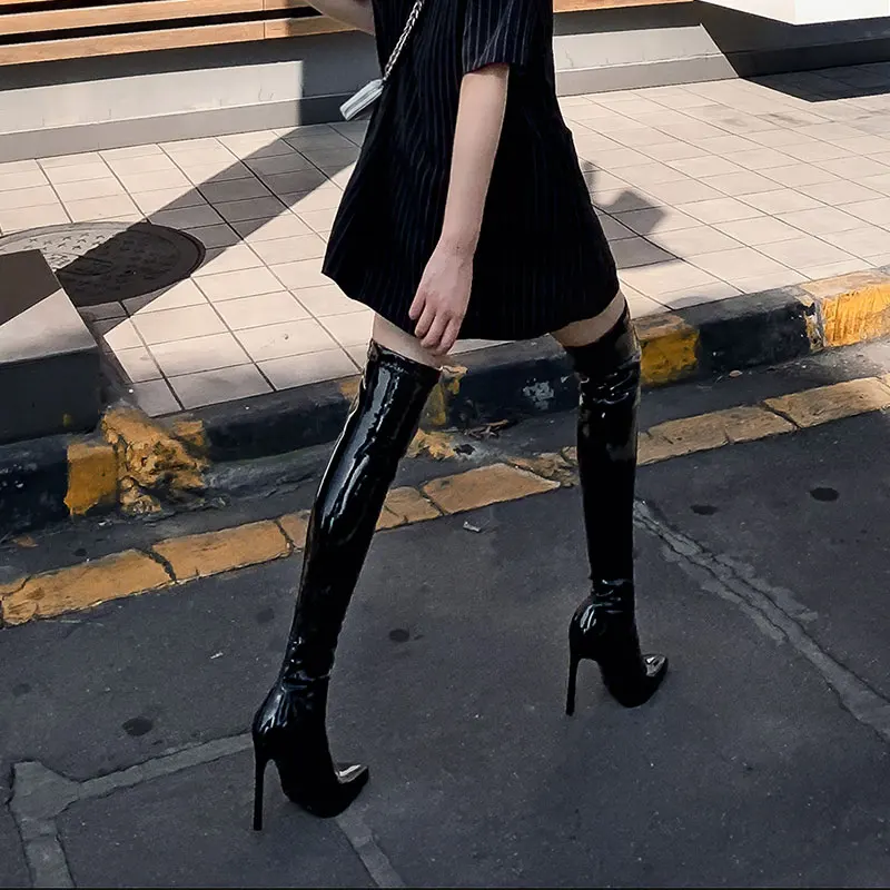 Sgesvier Over knee boots women\'s boots shiny patent leather boots sexy thigh boots high heels jazz dance pointed toe thin heels