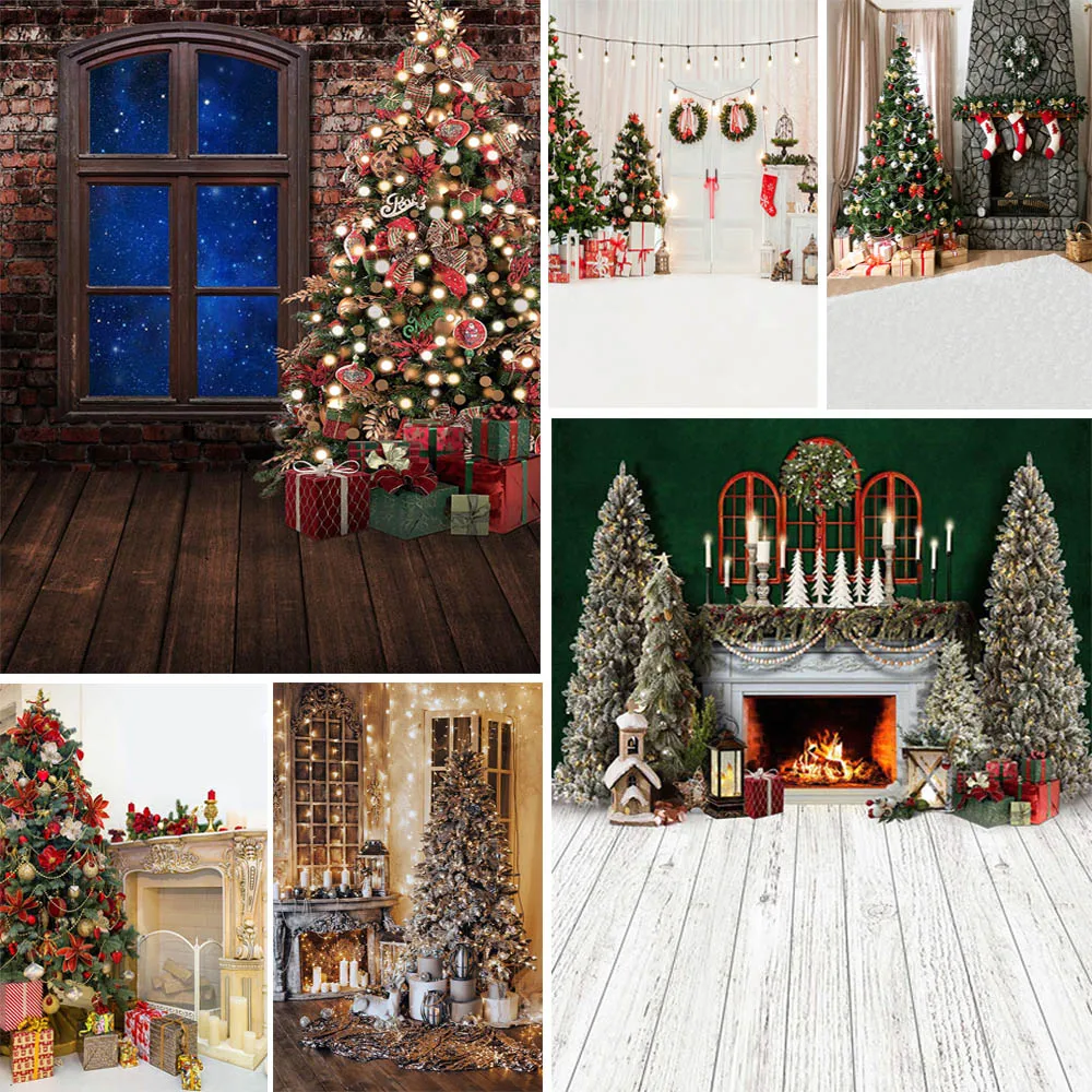 

Mocsicka Christmas Photography Backdrop Xmas Trees Fireplace White Floor Decorative Props Child Portrait Photo Background Studio