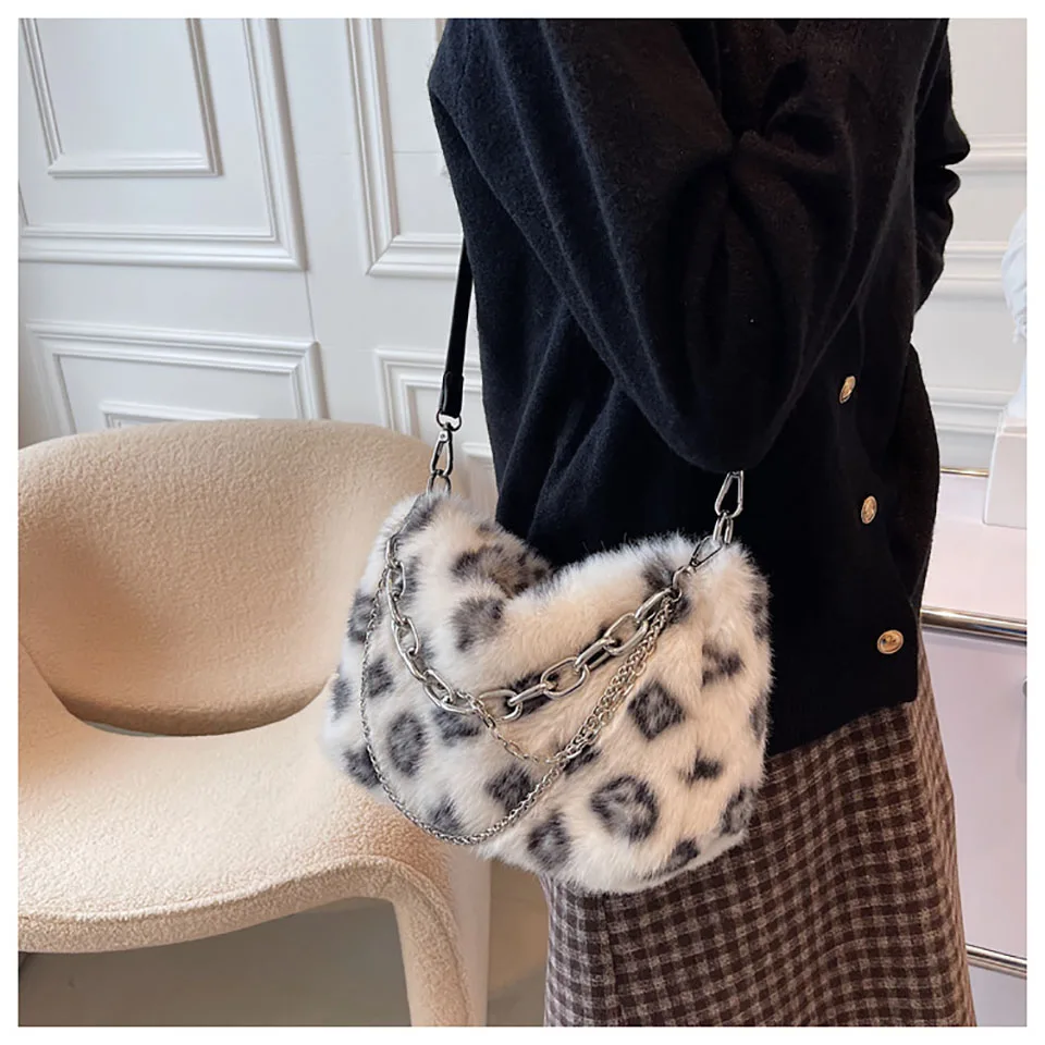 2021 Winter Leopard Plush Women Shoulder Bag Fashion Autumn Soft Faux Fur Handbag Baquette Ladies Crossbody Bags Bolso de Otono