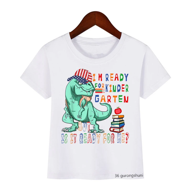 

First Day School Shirt Dinosaur Rainbow Horse Hello Kindergarten T Shirt Outfit Funny Kids Clothes Harajuku Boys T-Shirt