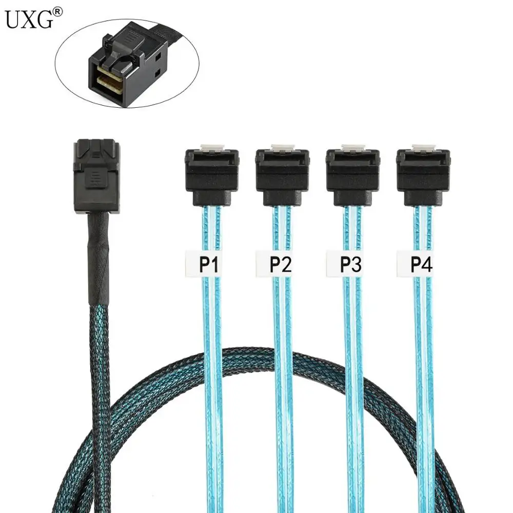 

Internal Mini SAS SFF-8643 Host to Angled 4 SATA Target Hard Disk 6Gbps Data Server Raid Cable 1m