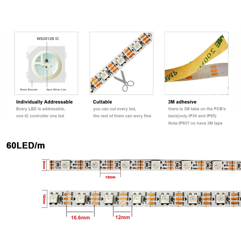 Imagem -03 - Rgb Conduziu a Luz de Tira Fita Endereçável Individualmente Inteligente mm 10 mm Largura Pcb Ip30 Preto Branco 60 Pixels m 15m Dc5v Ws2812b 5050