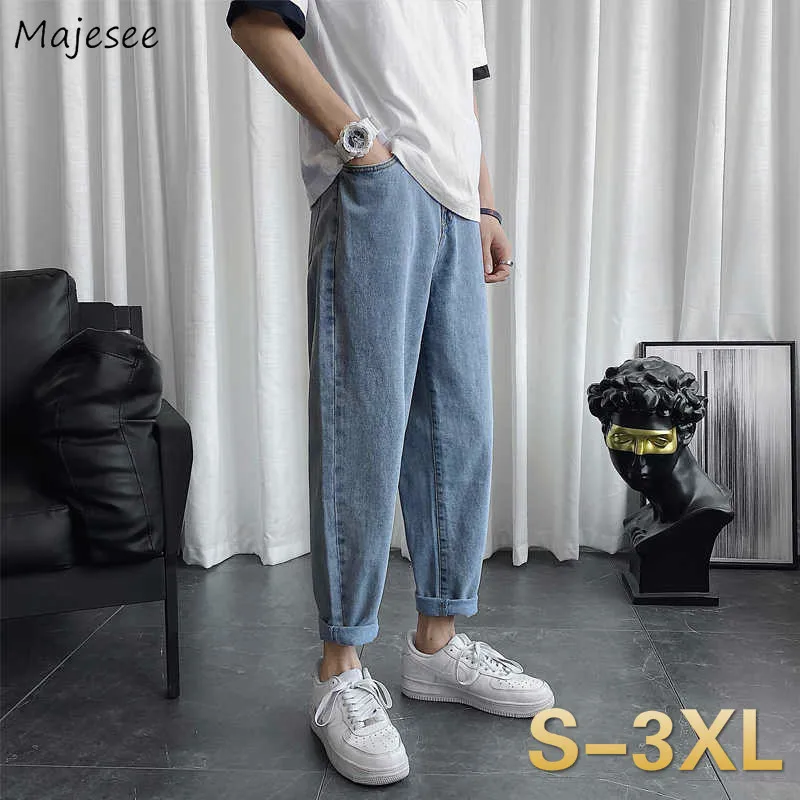 

Men Jeans Ankle-length Oversize 3XL Loose Straight Solid Simple Leisure All-match Korean-style Trendy Washed Denim Trousers Male