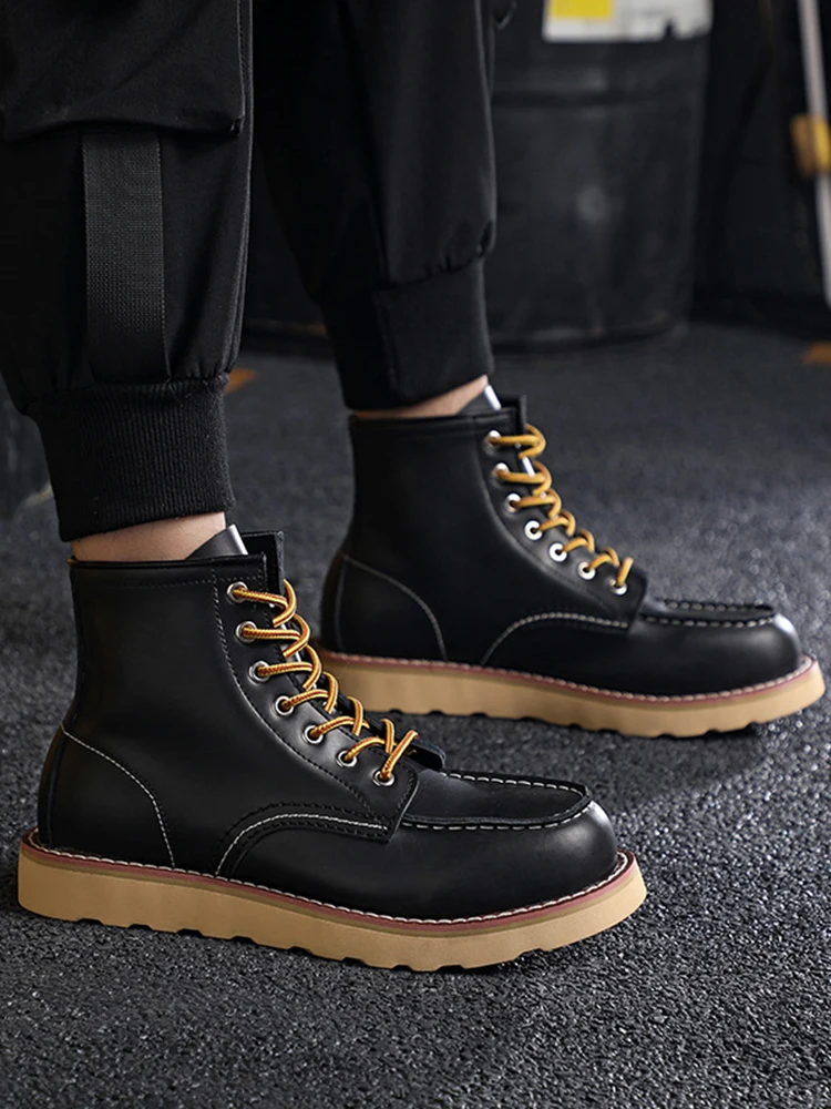 ZFTL Men Ankle boots Cow Leather Vintage Motorcycle  Chelsea Boots Tooling Boots Winter Cotton Casual Boots Retro Lace up Brown