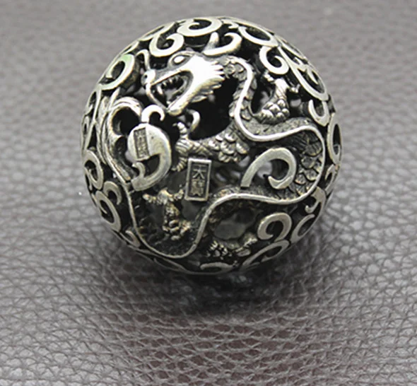 Old Chinese Tibetan silver Dragons and phoenixes Handball Round ball