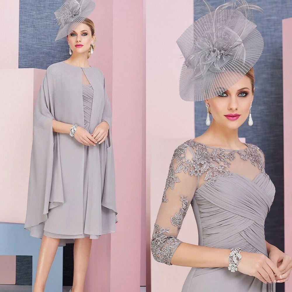 Abito da sposo per la madre della sposa con applicazioni in pizzo grigio con mantella in Chiffon 2 pezzi cerimonia nuziale abiti da sera per la cerimonia formale