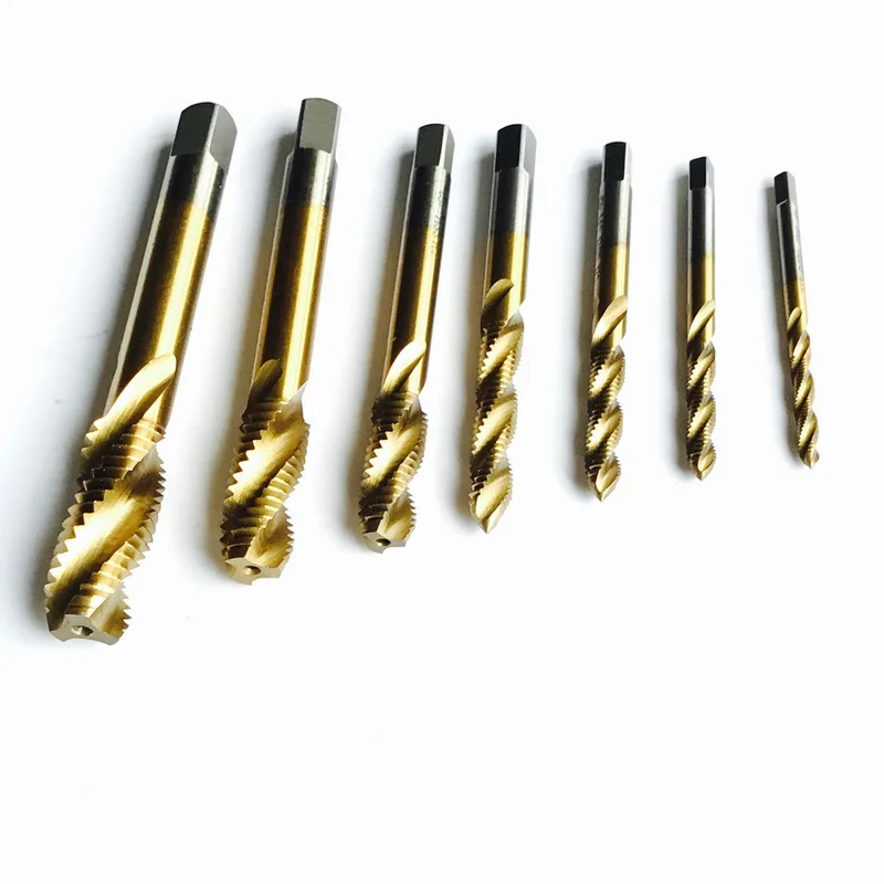 High Quality HSS6542 Full CNC Grinded 7pcs Machine Spiral Tap Screw Taps HSS TIN Coating M3 M4 M5 M6 M8 M10 M12 from 3mm-12mm