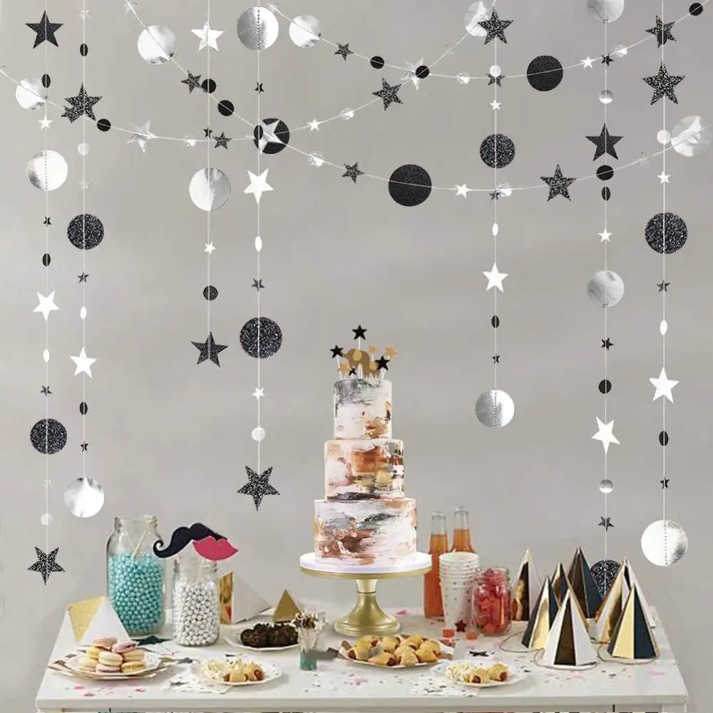 4M Glitter Paper Black Gold Twinkle Little Star Circle Party Garland Streamer Banner Wedding Birthday Graduation EID Decorations