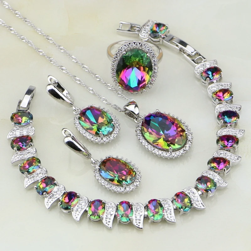 Mystic Rainbow Fire Stones White CZ Jewelry Sets for Women 925 Silver Jewelry Wedding Earrings/Pendant/Necklace/Rings/Bracelet