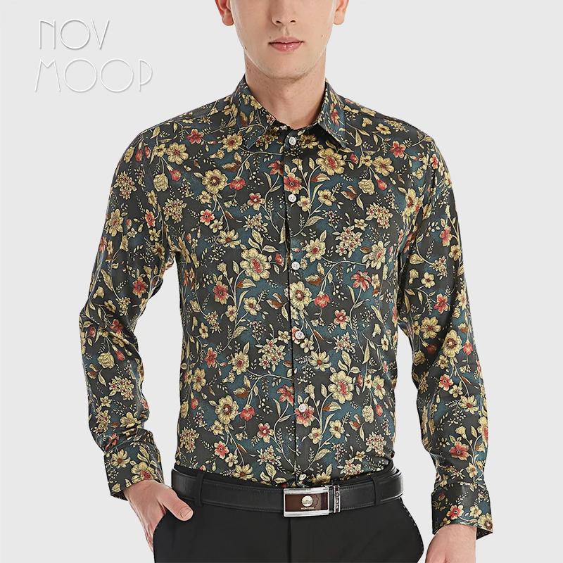 

Novmoop natural 19mm silk spandex satin men's shirt vintage floral pattern print super wear for party banquet Chemise LT3542