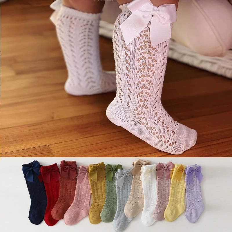 0-7Years Summer Kids Socks With Bow Baby Girls Long Sock Knee High Cotton Hollow Out Toddlers Socks Mesh Children Princess Sock