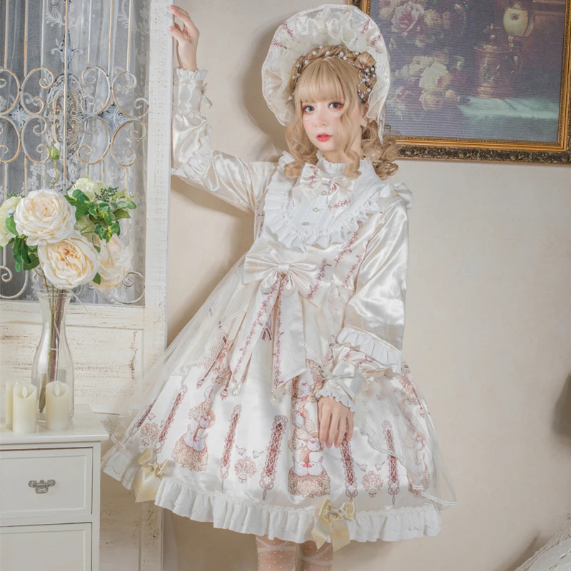 Original genuine lolita finch com creme flor op manga longa reflexiva vestido diário outono e inverno lolita vestido