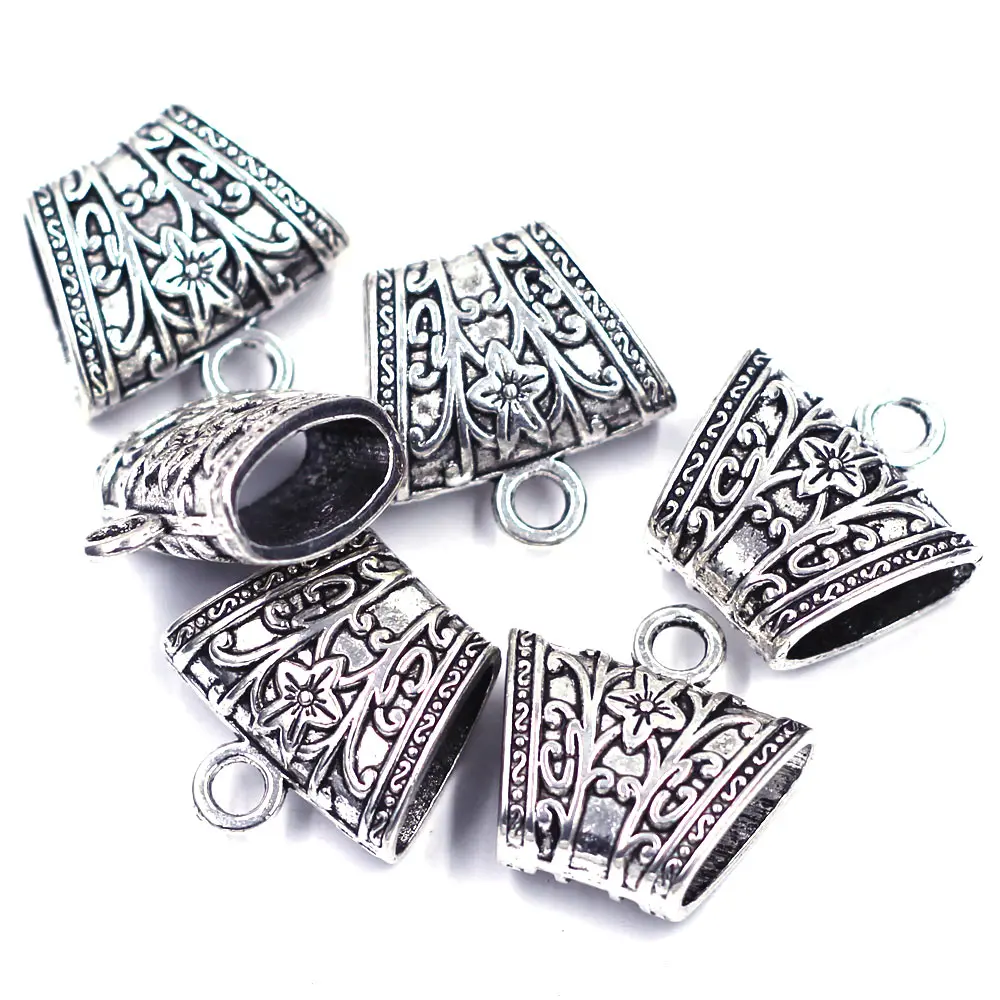 50Pcs Silver Tone Flower Floral Carved Bail Beads For Wrap Scarf Jewelry Finding 23x23mm