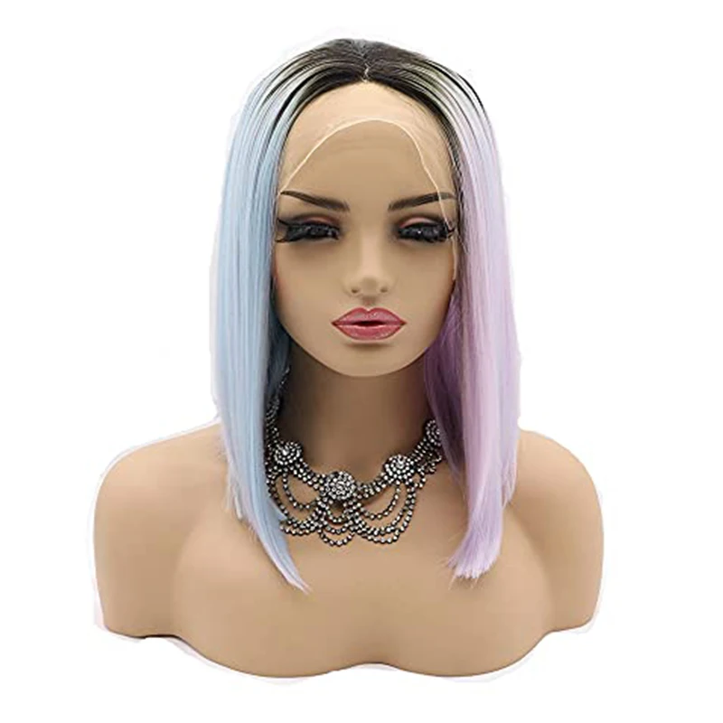 

Straight Short Synthetic Lace Front Wig Ombre Colored Bob Blue Purple Wigs Frontal Glueless Middle Part Natural Hairline Hair