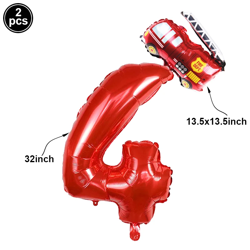 Das Feuer-Party-Dekor-Set enthält einen Zahlen-Folienballon und einen Mini-Feuerwehrauto-Ballon. Feuerwehrmann-Geburtstagsballon für eine Rettungs-Mottoparty – Detail 7