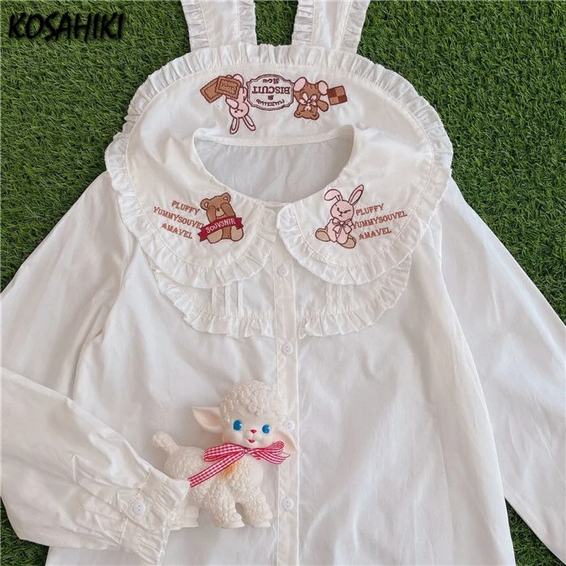 KOSAHIKI 2024 Summer Women Lolita Style Blouse Peter Pan Collar Cartoon Animal Embroidery Cute Blusas Kawaii Girl Shirt