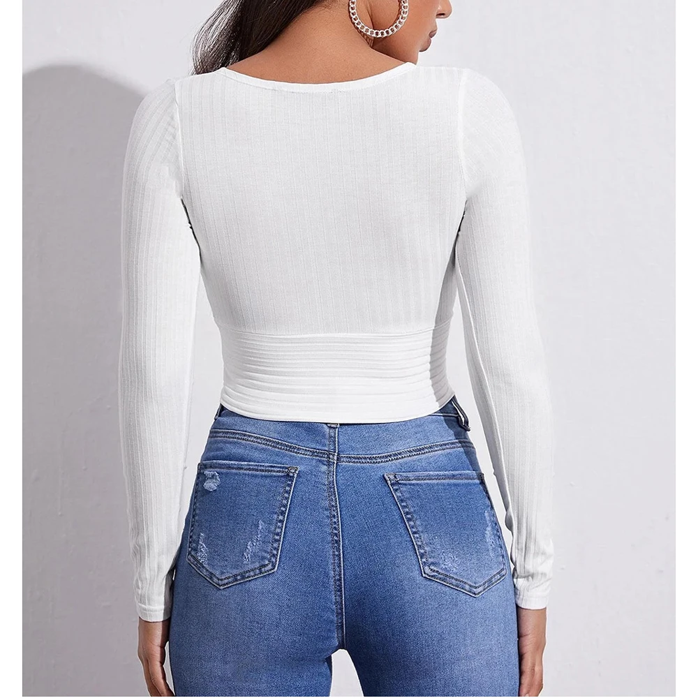 Women Basic Y2k Deep V-Neck Crop Top Sexy Long Sleeve Rib Knit Fashion Female Tee AM3468