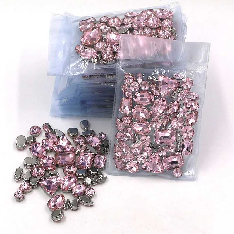 Best seller  Wholesale 5 bags mixed shape glass crystal sliver base Pink rhinestones  diy wedding dress