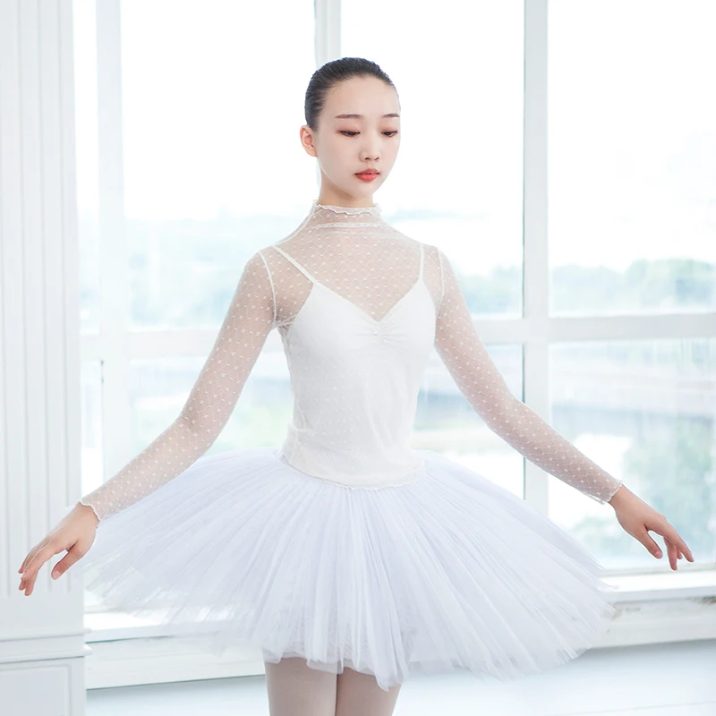 Women Ballet Tops Dance T shirt Adult Crop Tops Long Sleeve Dance Clothes Ballerina Turtleneck Shirt White Dot Mesh Leotard Top