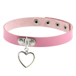 Fashion Pink Punk PU Leather Hollow Heart Round Spike Rivet Collar Choker Necklace Body Birthday Gift Couple Jewelry
