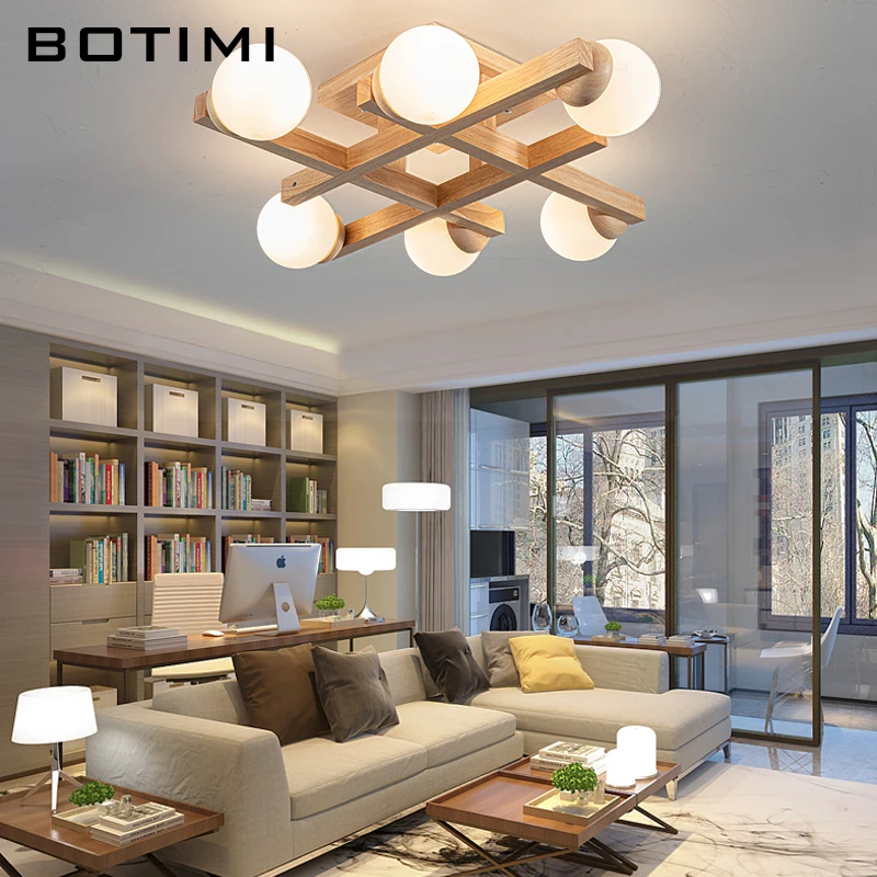 Wooden Ceiling Lights With Glass Lampshades For Sitting Room Modern Surface Mounted Square Wood Lustres Bedroom Dining Luminaire