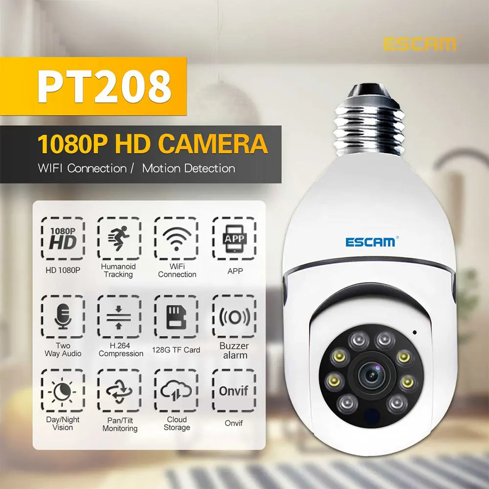 ESCAM PT208 2MP 1080P E27 Lamp Head Socket IP Camera Onvif AI Humanoid Wireless PTZ Intercom Baby Monitor YCC365 APP