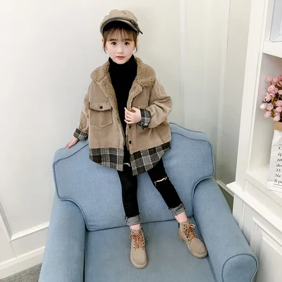 Girls Velvet Thickened Corduroy Coat Fall Winter Kids Plush Cotton Padded Spliced Outerwear Children's Cashmere Outerwear P330