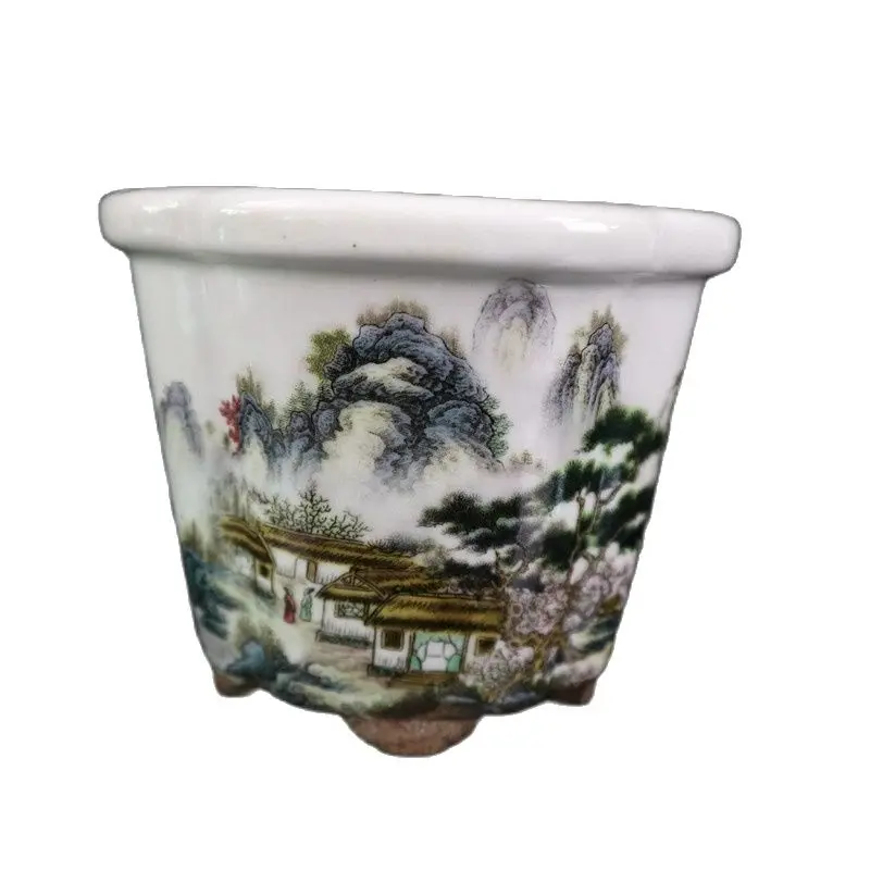 China Old Porcelain Pink Landscape Pattern Plum Flower Pot