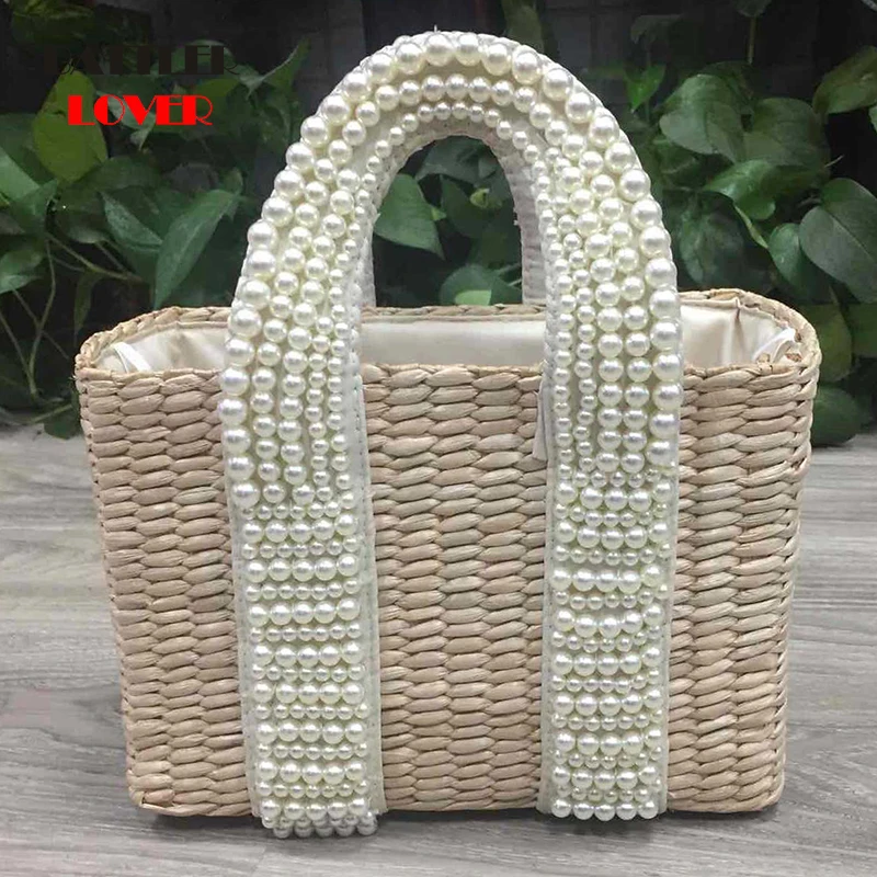 

Women Hot Woven Bags Pearl Totes Handbags 2020 Summer Travel Purse Fashion Beach Bagsfor Lady Handmade Crossbody Straw Bag