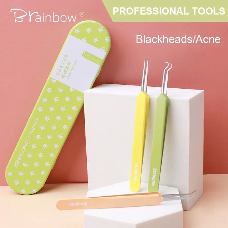 Brainbow Juego de pinzas de precisión para eliminación de espinillas, herramienta de belleza profesional de acero inoxidable, limpiador facial, 3 piezas