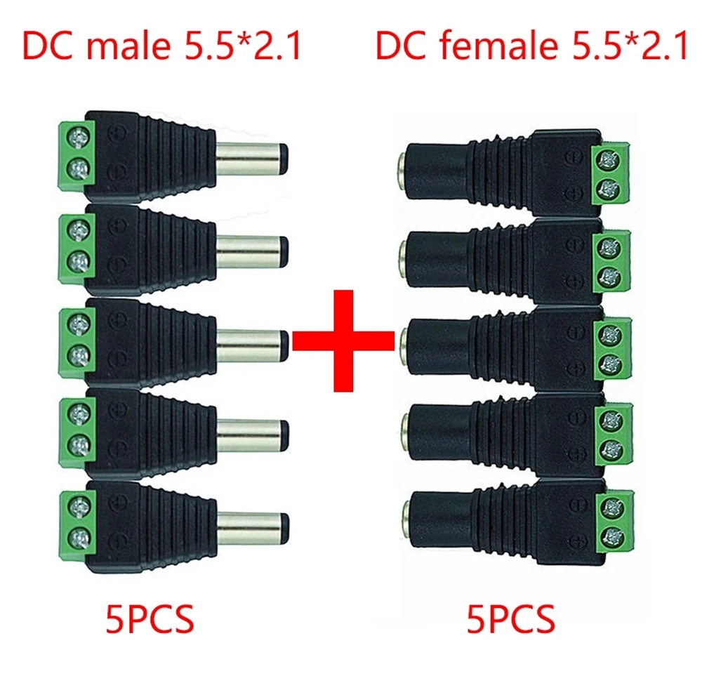 

5pcs Female + 5pcs Male Connector 2.1*5.5mm DC Power Jack Adapter Plug Cable Wire Connector For RGB LED Strip Light CCTV Camera