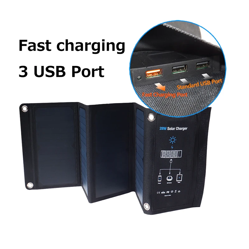 Fovigour 3 USB Ports 28W 5V Foldable Waterproof Outdoor Fast Charging Solar Charger With SunPower Solar Panel