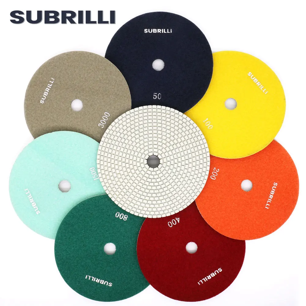 SUBRILLI 7 Inch Diamond Polishing Pad 7pcs 180mm Wet Buffing Wheel For Marble Granite Stone Concrete Grits 50-3000