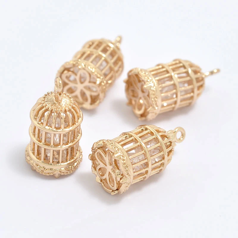 (1633) 4PCS 11x21MM 24K Champagne Gold Color Plated Brass with Zircon Bird Cage Charms Pendants High Quality Jewelry Accessories