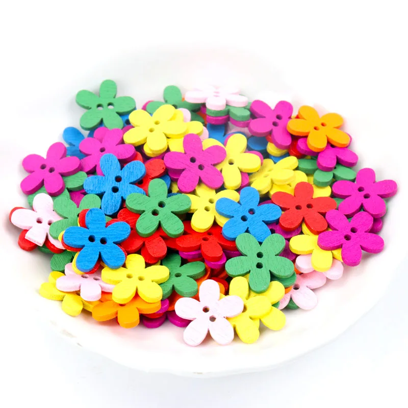 Multicolor Cute Flower Shape Buttons 2 Holes Wooden Handmade Sewing Painting Decoration Scrapbooking Crafts DIY 14x15mm 100pcs