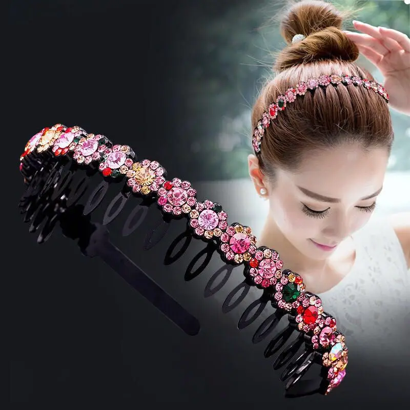 Unisex Alice Hairband Bezel Headband Men Women Sports Hair Band Hoop Top Metal Double Bangs Flower Rhinestone Hair Accessories