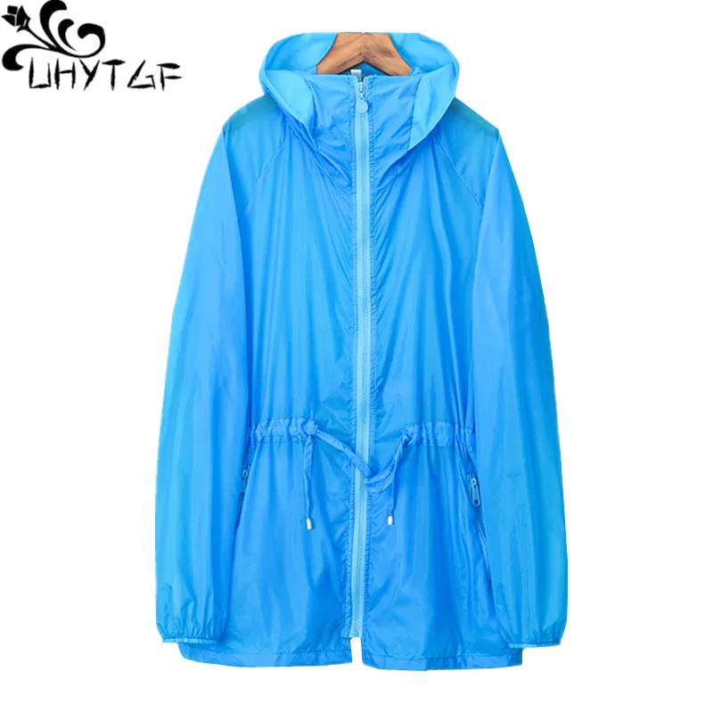 

UHYTGF 7XL Loose Size Tops Women Hooded Anti-UV Breathable Summer Jacket Korean Beach Outdoor Thin Sun Protection Clothing 1118