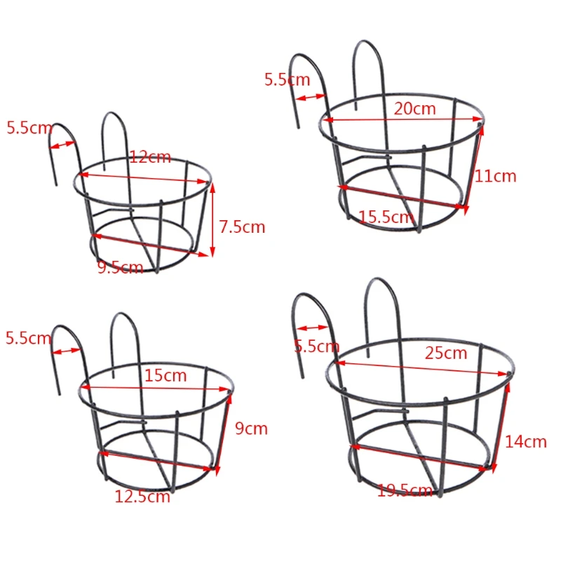 Balcony Round Flower Pot Basket Iron Railing Fence Hanging Potted Plant Rack Planter Stand Holder Garden Decoration